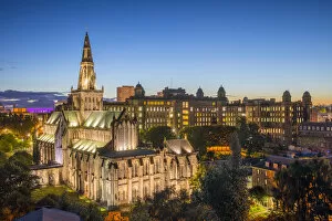Lens Flare Collection: Glasgow Cathedral and Royal Infirmary at dusk, Glasgow, Scotland, United Kingdom, Europe