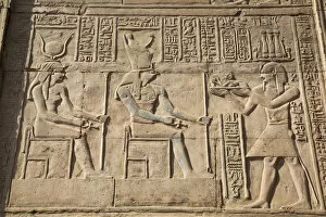 Temple Of Sobek And Haroeris Collection: Gods Hathor on left and Haroeris in centre with Pharaoh on the right, Wall Reliefs