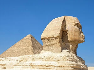 Egypt Collection: The Great Sphinx of Giza near the Great Pyramid of Giza, the oldest of the Seven Wonders of