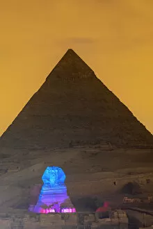 Ancient Egyptian Culture Collection: The Great Sphinx of Giza and The Pyramid of Khafre illuminated, UNESCO World Heritage Site, Giza