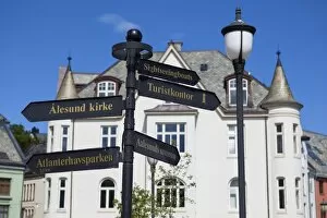 Jugendstil architecture and street sign, Alesund, Sunnmore, More og Romsdal, Norway, Scandinavia, Europe