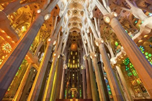 Column Collection: La Sagrada Familia church, basilica interior with stained glass windows by Antoni Gaudi
