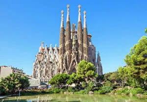 Pond Collection: La Sagrada Familia church front view, designed by Antoni Gaudi, UNESCO World Heritage Site