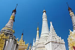 Pagoda Collection: Low angle of Indein (Inn Dein) (Inn Thein) pagodas, Lake Inle, Shan State, Myanmar (Burma), Asia