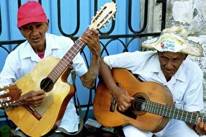 Seated Gallery: Musicians playing guitars, Havana Viejo, Havana, Cuba, West Indies, Central America