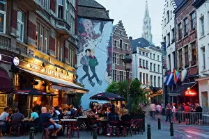 Brussels Collection: Outdoor cafes and Brousaille wall mural of a couple walking arm in arm