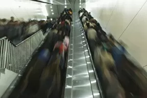 Stair Gallery: Passengers on moving escalators on the Beijing subway, Beijing, China, Asia