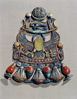 Egypt Gallery: Pectoral in gold cloisonne with semi-precious stones and glass-paste, with winged scarab