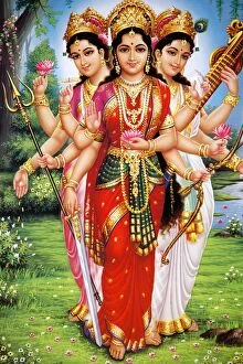 Painting Collection: Picture of Hindu goddesses Parvati, Lakshmi and Saraswati, India, Asia