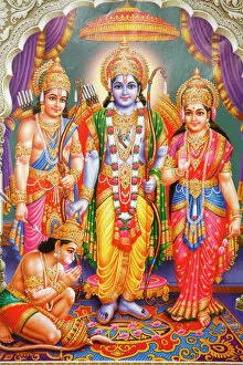 Illustration Gallery: Picture of Hindu gods Laksman, Rama, Sita and Hanuman, India, Asia