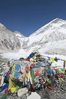 Nepal Gallery: Prayer flags at the Everest Base Camp sign, Solu Khumbu Everest Region