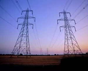 Towering Gallery: Pylons in a rural landscape at dusk