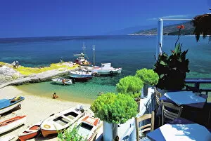 Restaurant Collection: Restaurant overlooking fishermans bay, Ikaria, Greece, Europe