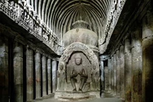 Indian Architecture Gallery: Sculpture of the Buddha in the main room of the temple of Vishvakarma (Cave 10), Ellora Caves