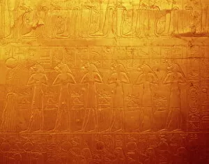 Shrine Gallery: Detail of Sekhmet freize on shrine of Tutankhamun, Cairo Museum, Egypt