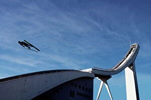Freedom Collection: Ski jumper, blue sky and ski jump, Oslo, Norway, Scandinavia, Europe