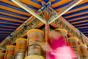 Religion & Spirituality Collection: Spinning prayer wheels, Xiahe monastery, Xiahe, Gansu, China, Asia
