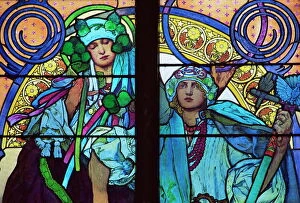 Glass Collection: Stained glass by Mucha, St. Vitus Cathedral, Prague, Czech Republic, Europe