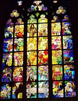 Glass Collection: Stained glass windows, St. Vitus Cathedral, Prague, Czech Republic, Europe