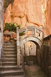 Stair Gallery: Steps, bridge, and last sunrays on rock face, White Cloud scenic area, Huang Shan