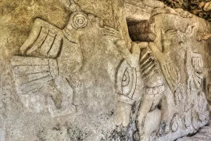 Mayan Ruins Collection: Stucco Relief Figures, Kukulcan Temple, Mayan Ruins, Mayapan Archaeological Zone, Yucatan State