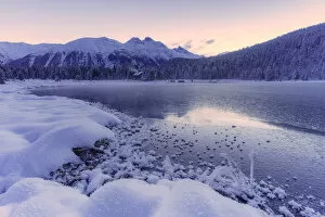 Sunrise over the frozen lake Lej da Staz and snowy woods, St