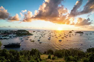 Lens Flare Collection: Sunset over the luxury yachts, in the harbour of Gustavia, St. Barth (Saint Barthelemy)