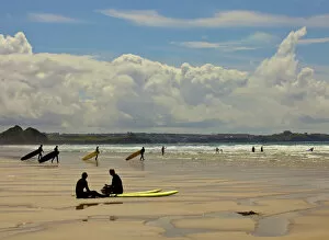Life Style Collection: Surfers with boards on Perranporth beach, Cornwall, England