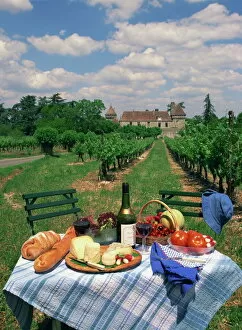 Bread Collection: Table set with a picnic lunch in a vineyard in Aquitaine, France, Europe