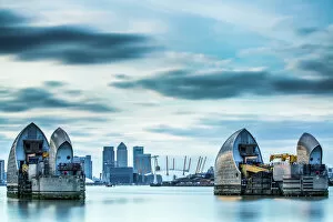 Defence Collection: Thames Barrier on River Thames and Canary Wharf in the background, London, England