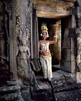 Spiritualism Gallery: Traditional Cambodian apsara dancer, temples of Angkor Wat, UNESCO World Heritage Site
