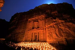 Old Ruins Collection: Treasury lit by candles at night, Petra, UNESCO World Heritage Site, Jordan, Middle East