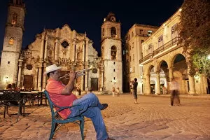 Cobble Collection: Trumpet player, Plaza de la Catedral, Havana, Cuba, West Indies, Central America