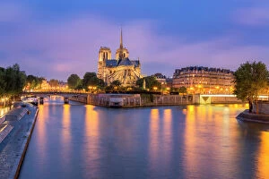 View of Notre Dame de Paris and its flying buttresses across the River Seine at blue hour