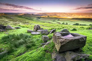Tranquil Collection: View over Stanage Edge millstones at sunrise, Peak District National Park, Derbyshire