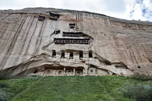 Tourist Attractions Collection: Front view of a temple hollowed in the mountain, Ganzu, China, Asia