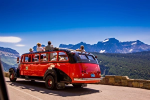 Four People Gallery: Vintage tour bus on the Sun Road, Glacier National Park, Montana, United States of America