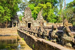 Old Ruins Collection: West gate and Naga bridge at Prasat Preah Khan temple ruins, Angkor, UNESCO World Heritage Site