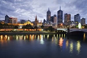 Tranquil Collection: Australia, Victoria, Melbourne. Yarra River and city skyline by night