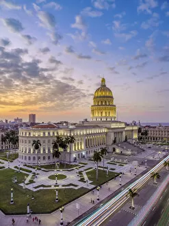 El Capitolio and Paseo del Prado at dusk, elevated view, Havana, La Habana Province, Cuba