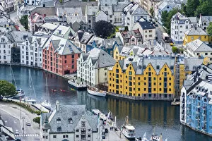 Elevated view of Art Nouveau buildings along Brosundet canal, Alesund
