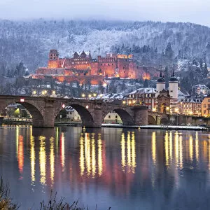 Ruin Collection: Heidelberg castle and Old Bridge illuminated in winter, Baden-Wurttemberg, Germany