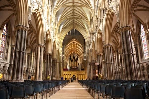 Lincoln, England. Light floods the nave of Lincoln cathedral