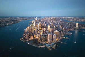 New York Collection: Manhattan, New York City, USA. Aerial view of Lower Manhattan at dusk