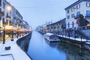 Tourist Attractions Gallery: Naviglio Grande after a snowfall during dusk. Milan, Lombardy, Northern Italy, Italy