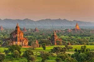Pagoda Collection: Panoramic view at sunset over the ancient temples and pagodas, Bagan, Myanmar or Burma