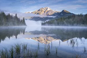 Pyramid Lake and Pyramid Mountain at dawn, Jasper National Park, Alberta, Canada