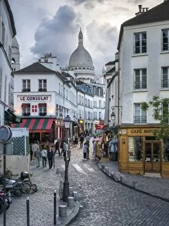 Cafe Collection: Streets of Montmartre with Sacre Coeur Basilica in the background, Paris, France