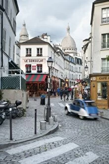 Cafe Collection: Streets of Montmartre with view towards Basilica Sacre Coeur, Paris, France