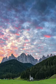 South Tyrol Collection: Sunrise in San Giovanni in Ranui in Funes valley. Europe, Italy, Bolzano province